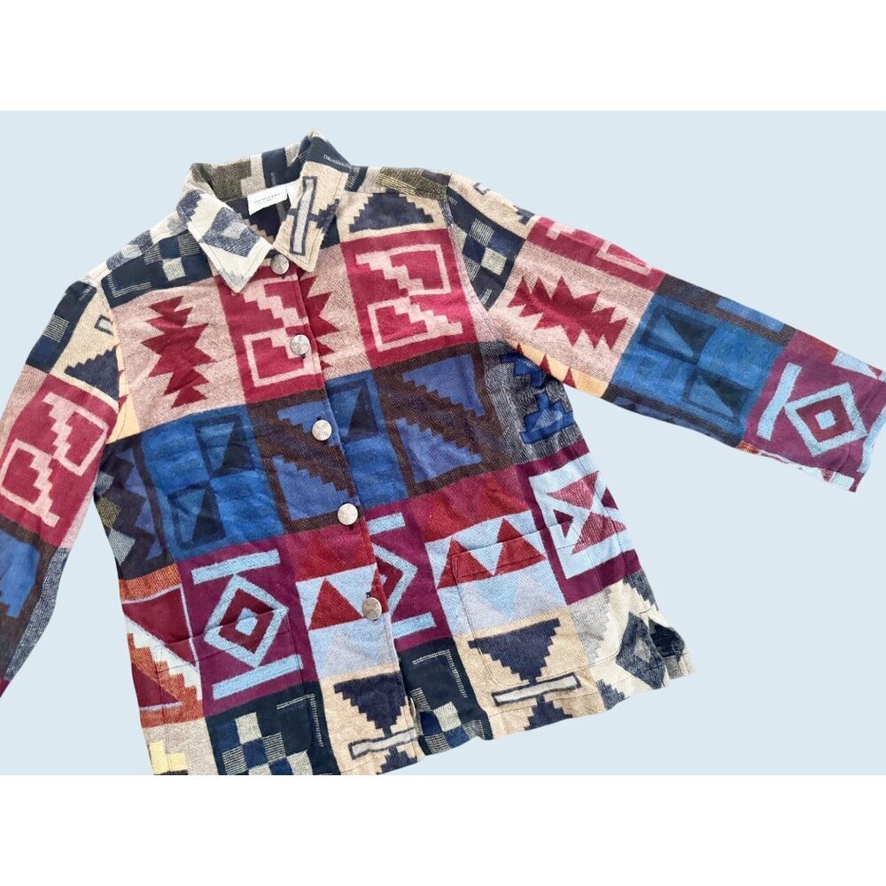 MONTEREY By KORET Aztec Southwest Inspired Full Button Flannel Top Sz S
